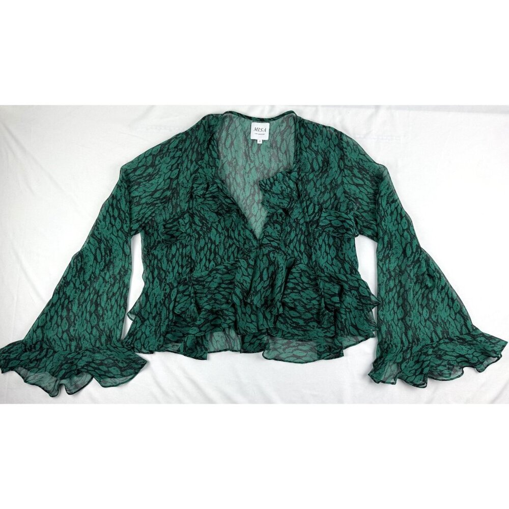 MISA Los Angeles Emerald green ruffled bell sleeve blouse Size Small - Picture 2 of 9